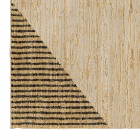 power loom stain resistant runner rug with beige pattern and wood background