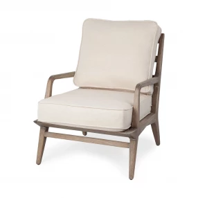 24" Ivory And Wood Brown Fabric Arm Chair