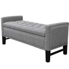 50" Light Gray and Black Upholstered Linen Bench with Flip top, Shoe Storage