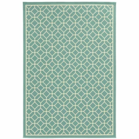 4' x 6' Blue and Ivory Geometric Stain Resistant Indoor Outdoor Area Rug