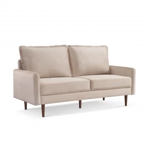 69" Beige Velvet Sofa With Dark Brown Legs
