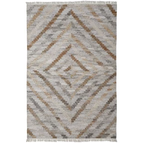 8' X 10' Ivory Gray And Tan Geometric Hand Woven Stain Resistant Area Rug With Fringe