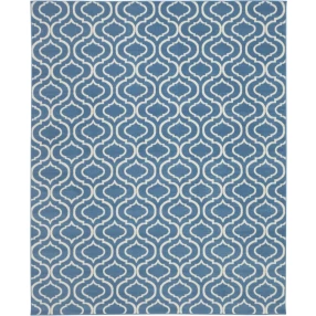gray moroccan power loom area rug with azure and electric blue symmetrical pattern