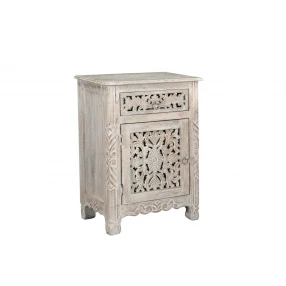 30" Distressed White One Drawer Floral Carved Solid Wood Nightstand