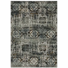 8' X 11' Ivory Charcoal Grey Blue Rust Gold And Brown Oriental Power Loom Stain Resistant Area Rug