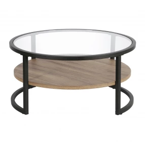 34" Brown And Black Glass And Steel Round Coffee Table With Shelf