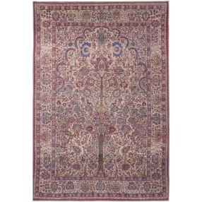 pink floral power loom area rug with brown beige pattern and symmetrical design