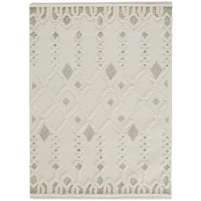 9' X 12' Ivory Tan And Silver Wool Geometric Tufted Handmade Stain Resistant Area Rug