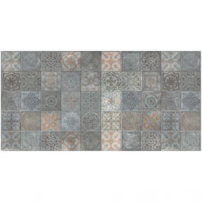 printed vinyl area rug with UV protection in brown beige and grey rectangle pattern on wood flooring