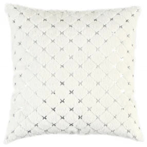 Silver metallic diamond pattern throw pillow on grey textile