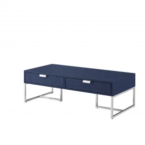 46" Navy Blue And Silver Metallic Stainless Steel Coffee Table With Two Drawers