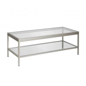 45" Clear Glass And Silver Steel Coffee Table With Shelf
