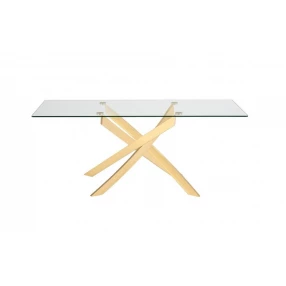63" Clear And Gold Rectangular Glass And Stainless Steel Dining Table