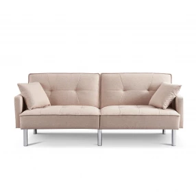 85" Beige Polyester Blend Convertible Futon Sleeper Sofa And Toss Pillows With Silver Legs