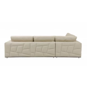 Brown leather reclining L-shaped corner sectional sofa with wood accents and comfortable beige cushions