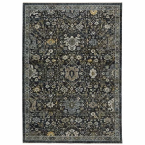 8' X 11' Blue Ivory Grey Gold Green And Brown Oriental Power Loom Stain Resistant Area Rug With Fringe