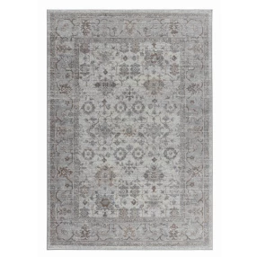 grey oriental area rug with beige pattern in rectangle shape