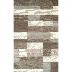 power loom stain resistant area rug in beige and brown with a rectangle shape on wood flooring