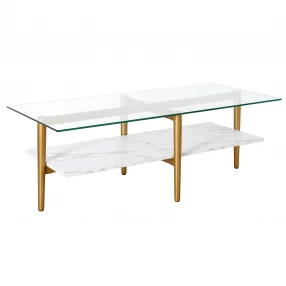 47" White And Gold Glass And Steel Coffee Table With Shelf