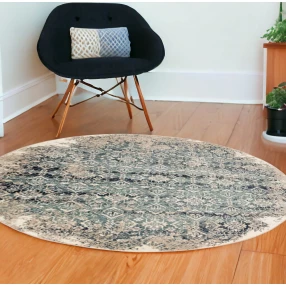 8' Blue And Ivory Round Oriental Dhurrie Area Rug