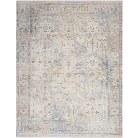 8' x 10' Ivory Blue and Orange Oriental Power Loom Distressed Area Rug With Fringe