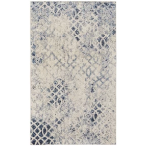 abstract power loom distressed area rug with electric blue pattern and symmetrical art design