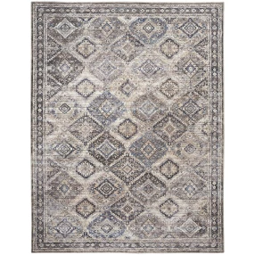 9' x 12' Ivory and Tan Floral Power Loom Distressed Washable Area Rug