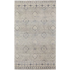 geometric power loom distressed area rug in grey and beige with symmetrical pattern