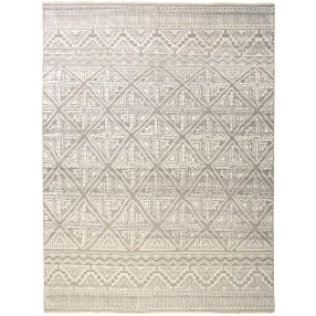 gray geometric hand knotted area rug with brown beige and grey pattern