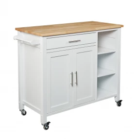 White and Natural 42" Rolling Kitchen Cart With Storage