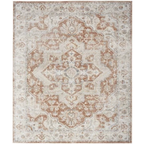 gold oriental power loom area rug with brown beige pattern and symmetrical motif