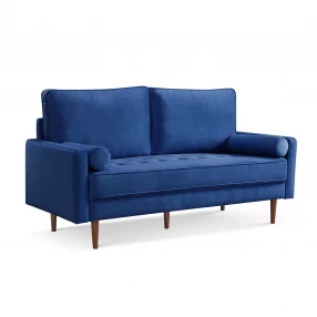 69" Blue Velvet Sofa And Toss Pillows With Dark Brown Legs