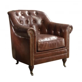 34" Top Grain Leather And Brown Tufted Chesterfield Chair