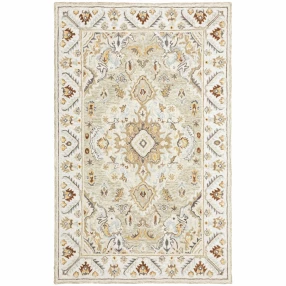 tufted handmade stain resistant area rug with beige pattern and symmetrical motif