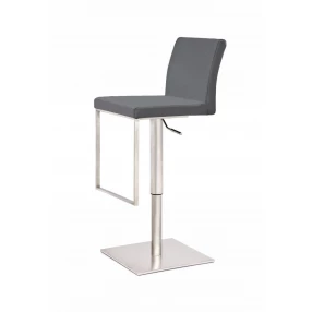 37" Gray And Silver Faux Leather And Stainless Steel Swivel Low Back Adjustable Height Bar Chair