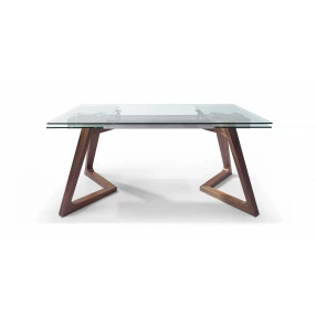 63" Clear and Brown Glass and Solid Wood Self-Storing Leaf Dining Table