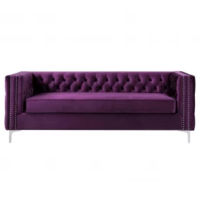 84" Purple And Silver Velvet Sofa