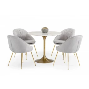 35" White And Gold Rounded Marble And Metal Dining Table