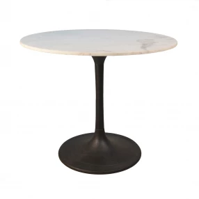 36" White and Black Rounded Marble and Iron Pedestal Base Dining Table