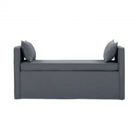 Gray black upholstered linen bench with armrests and comfortable seating