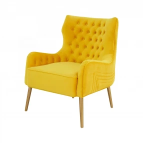 30" Yellow Velvet And Gold Solid Color Arm Chair