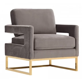 34" Gray And Gold Velvet Arm Chair