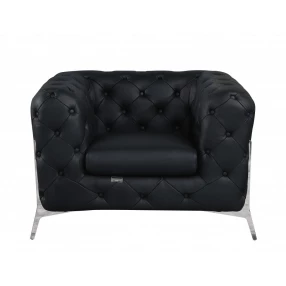 45" Black And Silver Italian Leather Tufted Chesterfield Chair