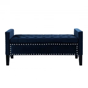 50" Navy Blue and Black Upholstered Velvet Bench with Flip top, Shoe Storage