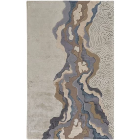 5' X 8' Tan Brown And Blue Wool Abstract Tufted Handmade Area Rug