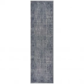 gray cream damask distressed runner rug with rectangular pattern