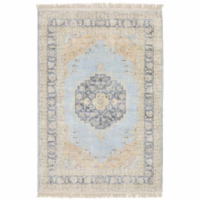 10' X 13' Blue And Beige Oriental Hand Loomed Stain Resistant Area Rug With Fringe
