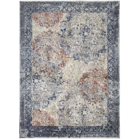 8' X 11' Blue Ivory And Red Floral Power Loom Distressed Stain Resistant Area Rug