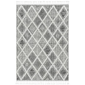 charcoal polyester rug with grey rectangle pattern and symmetrical design