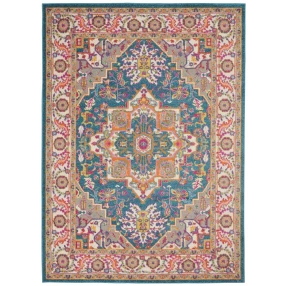 teal blue power loom area rug with rectangular pattern and symmetrical textile design